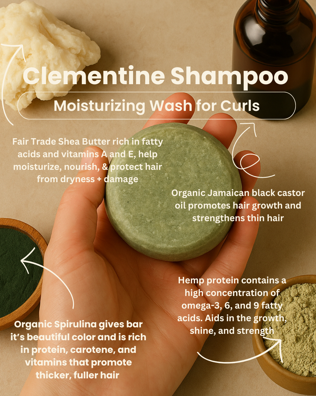 Clementine Solid Shampoo, Moisturizing Wash for Curls